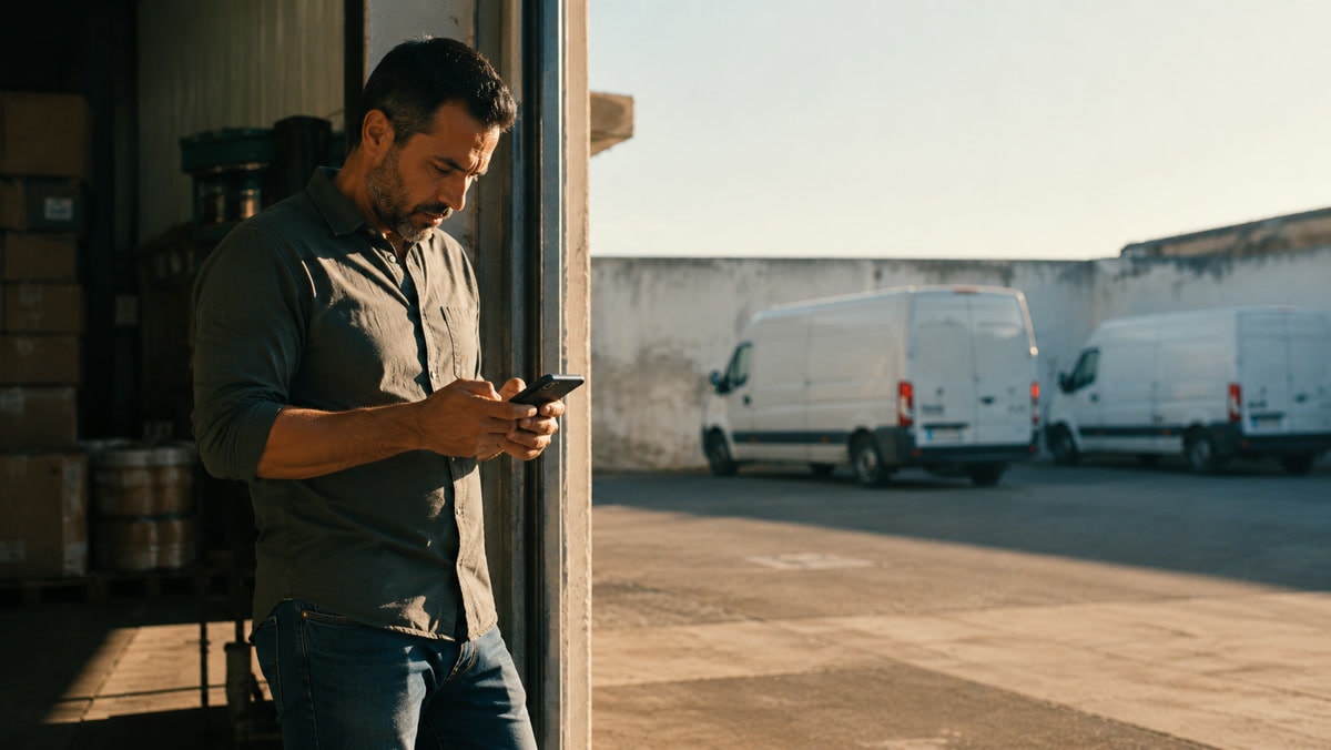 Gestor de frota no pátio de um galpão, celular na mão, duas vans estacionadas ao fundo