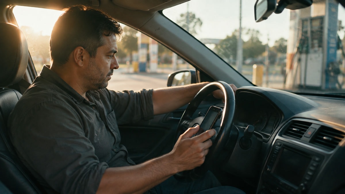 Motorista ao volante de um carro no posto, celular na mão junto ao painel