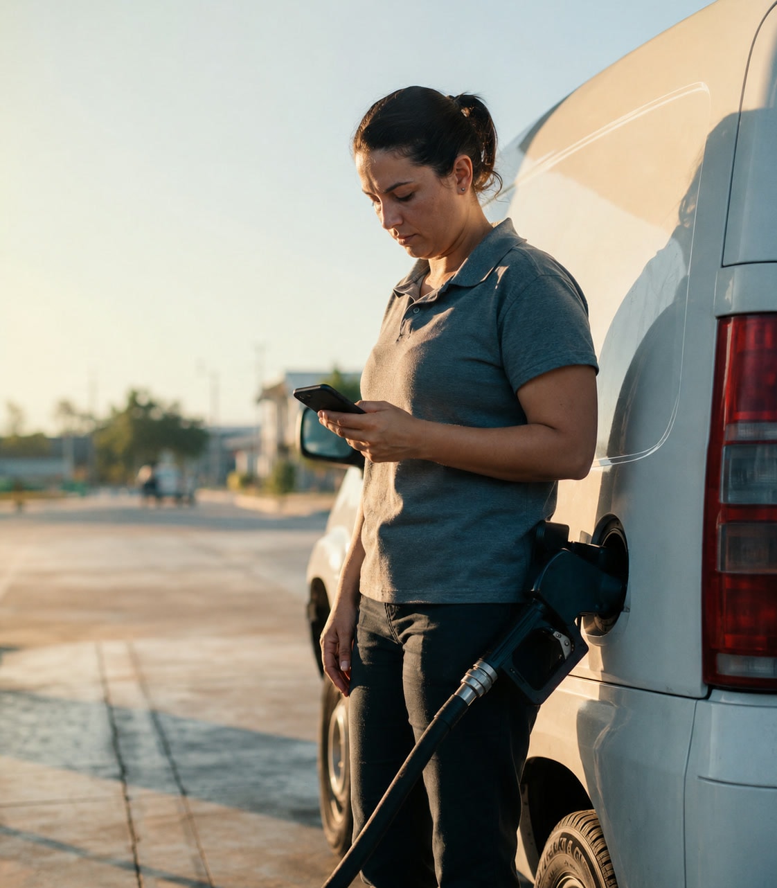 Motorista ao lado de uma van utilitária consultando o celular durante o abastecimento